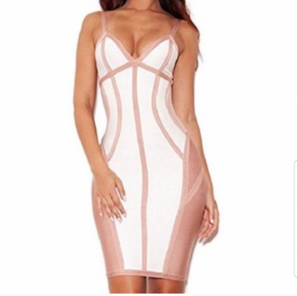 WHOINSHOP Pink White Bandage Sundress with Nude Side Panels
